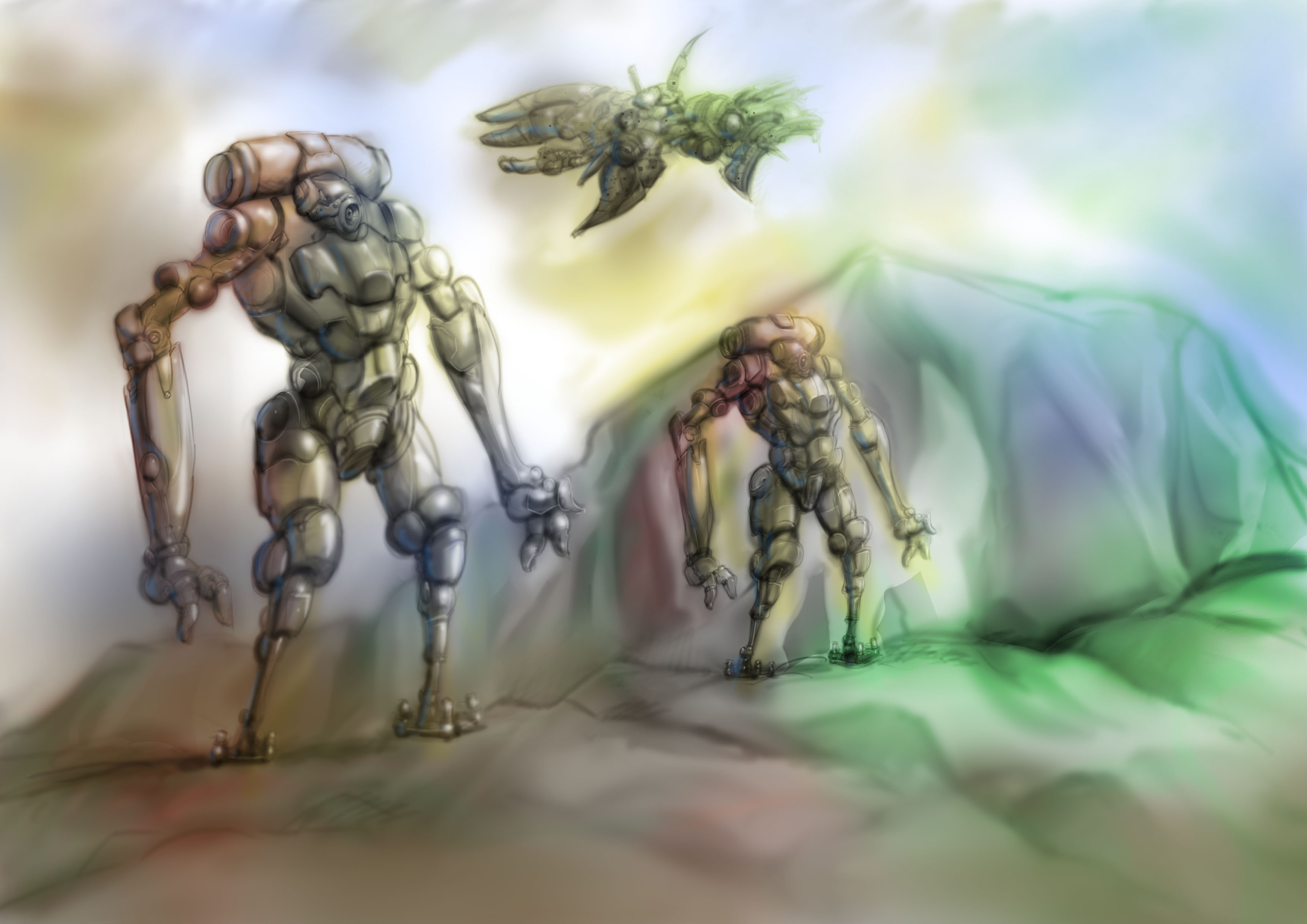 dos robots en un paisaje